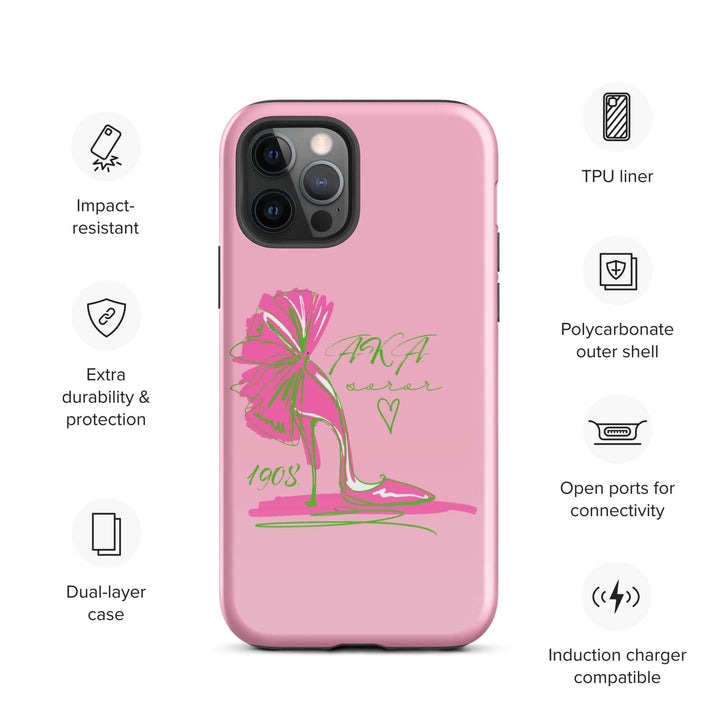 AKA Lady Slipper Tough Case for iPhone® in pink, impact-resistant dual-layer design for sorority and fraternity gear.