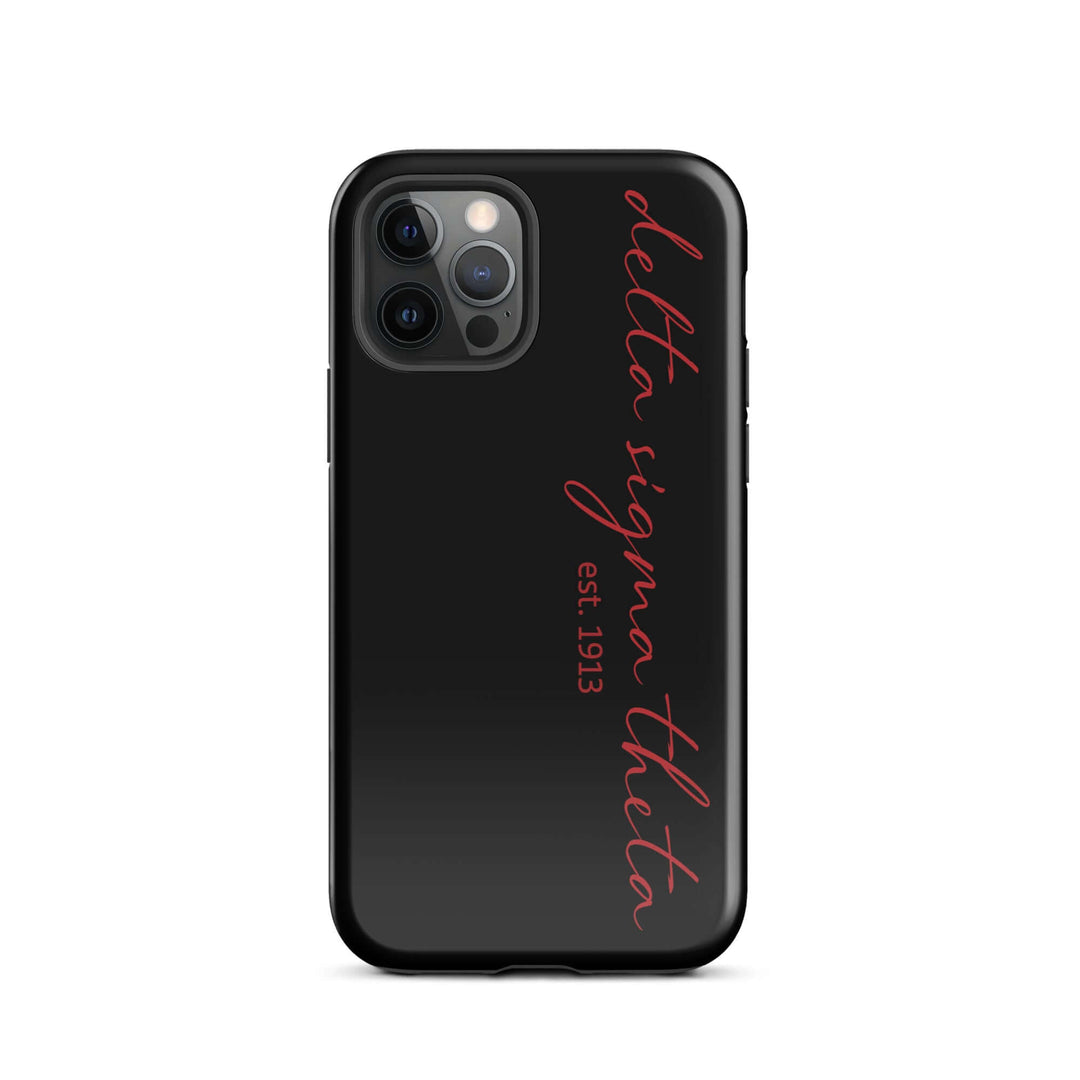 Delta Sigma Theta black script tough case for iPhone, showcasing sorority style and durable protection for Greek gear.