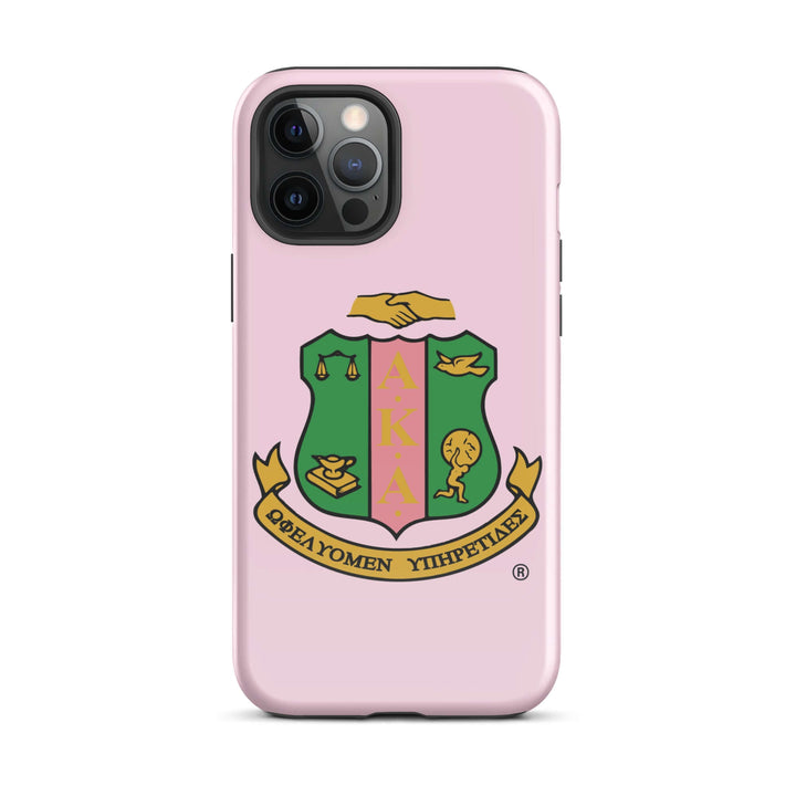 AKA Crest Tough Case for iPhone® in pink, showcasing sorority paraphernalia and dual-layer protection for Greek gear.
