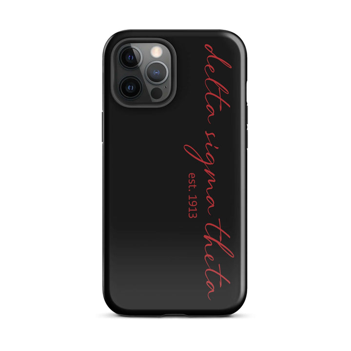Delta Sigma Theta black tough case for iPhone® featuring stylish script design, perfect Greek gear for sorority members.