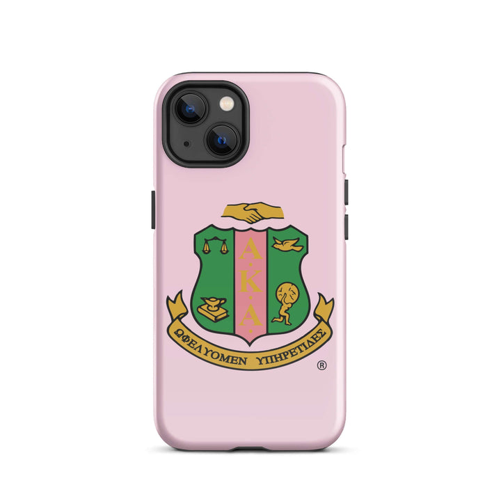 AKA Crest Tough Case for iPhone® in pink, featuring Greek letters and symbols for fraternity and sorority pride.