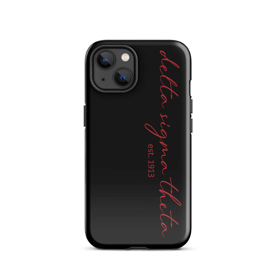 Delta Sigma Theta black script tough case for iPhone, stylish sorority paraphernalia, dual-layer protection.