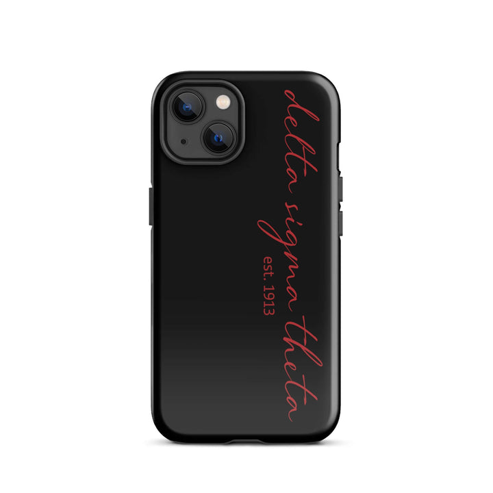 Delta Sigma Theta black script tough case for iPhone, stylish sorority paraphernalia, dual-layer protection.