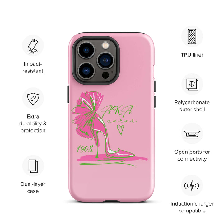 AKA Lady Slipper Tough Case for iPhone® in pink, featuring dual-layer protection and stylish sorority design.