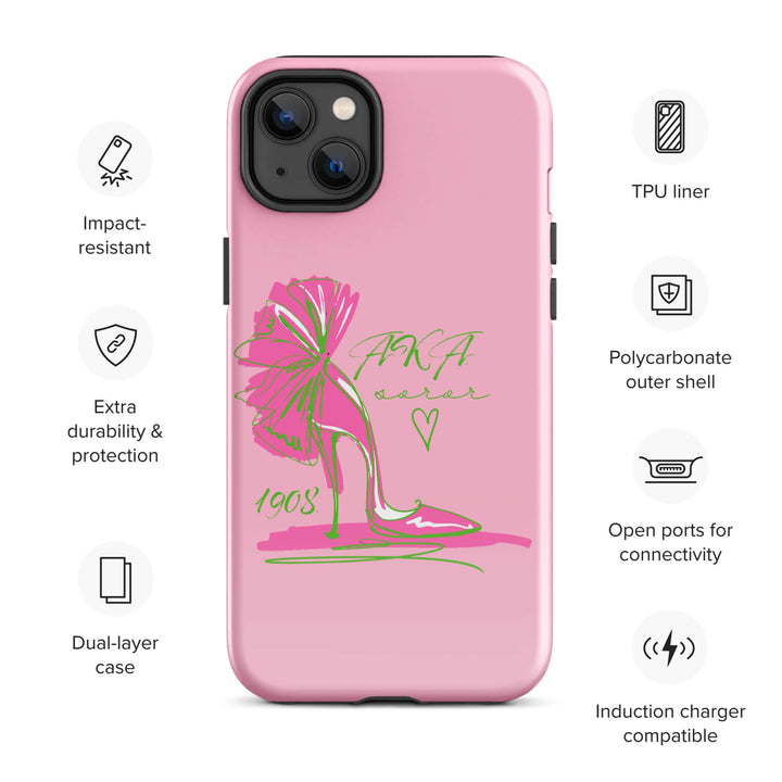 AKA Lady Slipper iPhone case in pink, featuring dual-layer protection and stylish Greek sorority design.