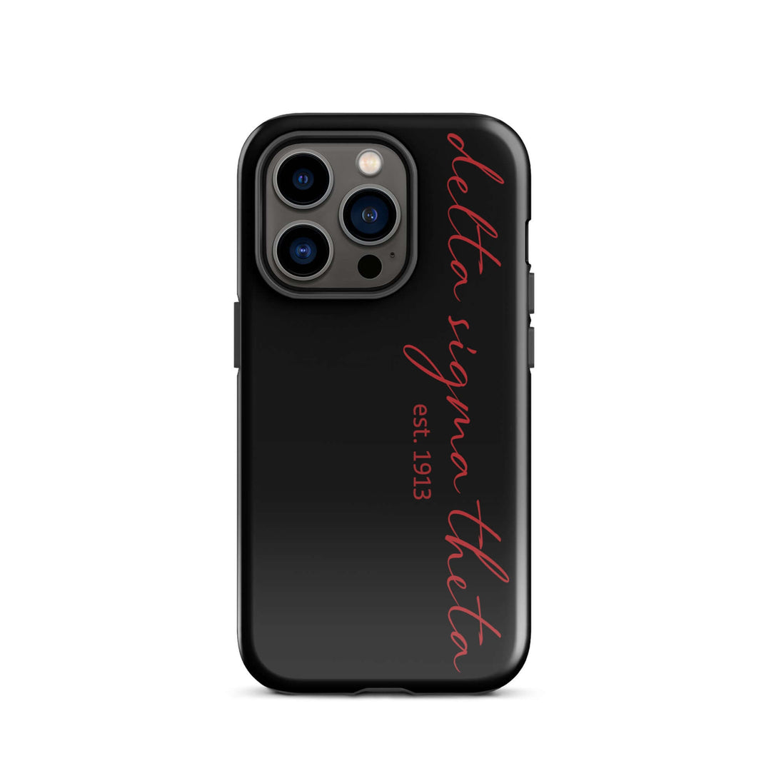 Delta Sigma Theta black script tough case for iPhone, a stylish sorority phone protector with dual-layer design.