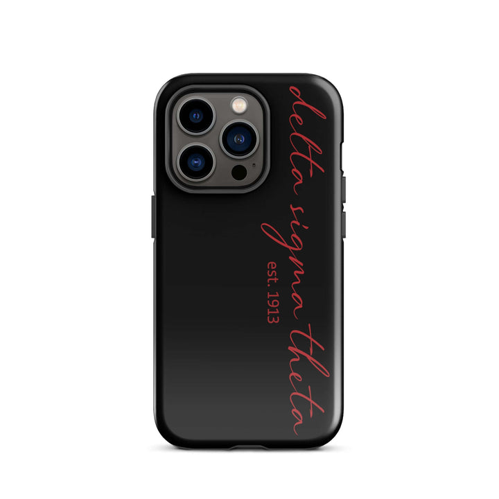 Delta Sigma Theta black script tough case for iPhone, a stylish sorority phone protector with dual-layer design.