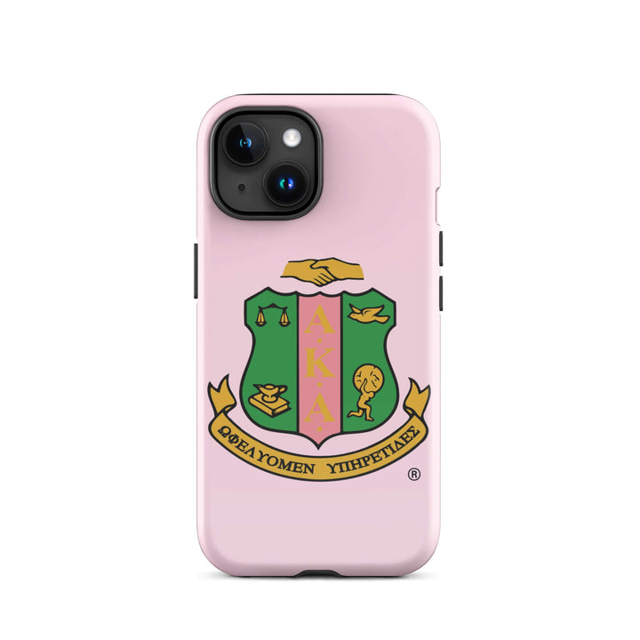 AKA Crest Tough Case for iPhone® in pink, featuring durable dual-layer protection and iconic sorority design for Greek gear lovers.