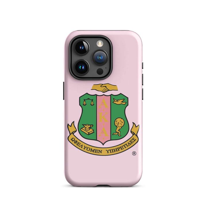 AKA Crest Tough Case for iPhone® in pink, showcasing fraternity paraphernalia and stylish dual-layer protection.