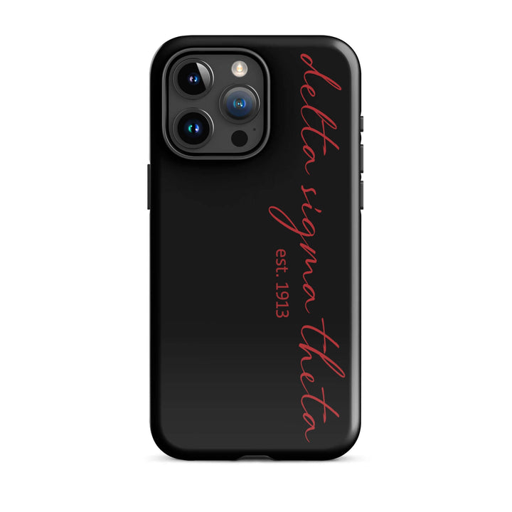 Delta Sigma Theta black script tough case for iPhone, stylish sorority greek gear, impact-resistant dual-layer protection.