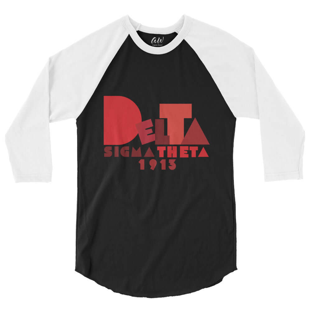 Delta Summer Raglan Shirt featuring Sigma Theta 1913 in bold red on a black base, perfect for sorority and fraternity gear.
