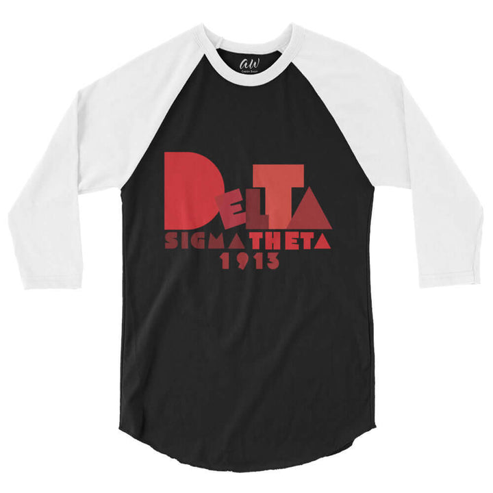 Delta Summer Raglan Shirt featuring Sigma Theta 1913 in bold red on a black base, perfect for sorority and fraternity gear.