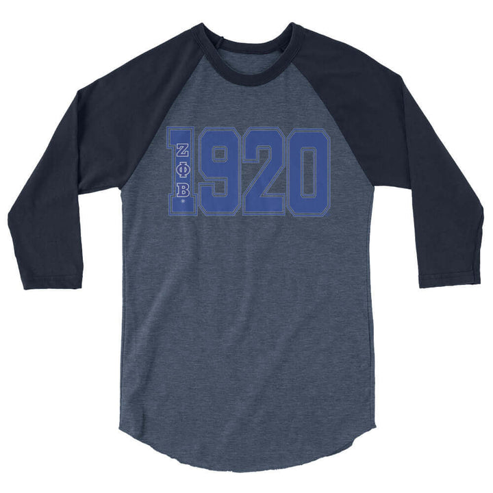 Zeta 1920 baseball raglan t-shirt in heather denim, perfect Greek gear for sorority and fraternity paraphernalia.