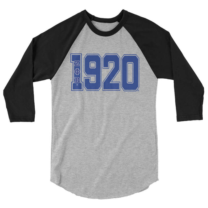 Zeta 1920 T-Shirt in grey and black, perfect for sorority and fraternity paraphernalia, featuring a stylish raglan design.