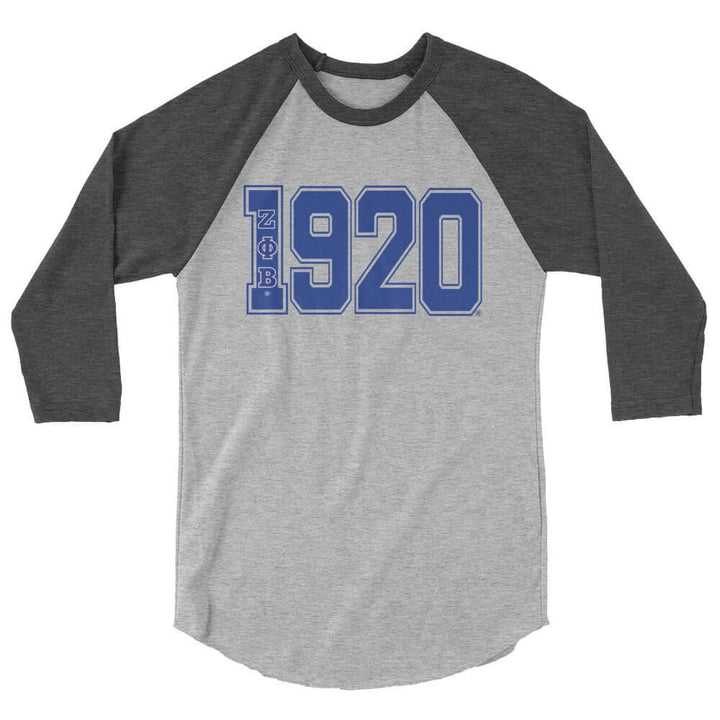 Zeta 1920 T-Shirt in heather grey with black raglan sleeves, perfect for sorority and fraternity greek gear.