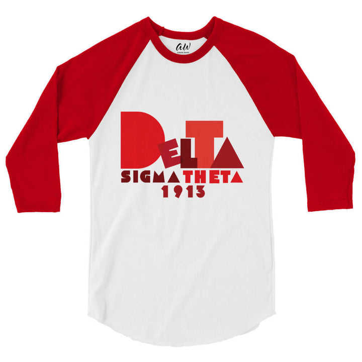 Delta Summer Raglan Shirt with red sleeves, featuring Delta Sigma Theta 1913 design, perfect for sorority and fraternity gear.