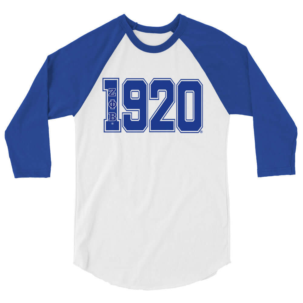 Zeta 1920 T-Shirt featuring blue raglan sleeves, perfect for sorority and fraternity greek gear enthusiasts.