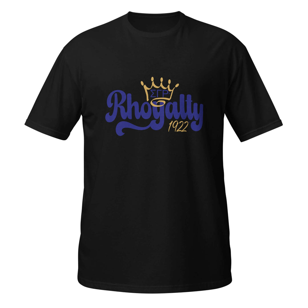 SGRho Rhoyalty T-Shirt in black, featuring a crown design and vibrant lettering, perfect Greek gear for sorority pride.