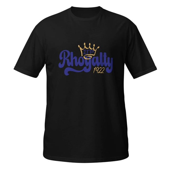 SGRho Rhoyalty T-Shirt in black, featuring a crown design and vibrant lettering, perfect Greek gear for sorority pride.