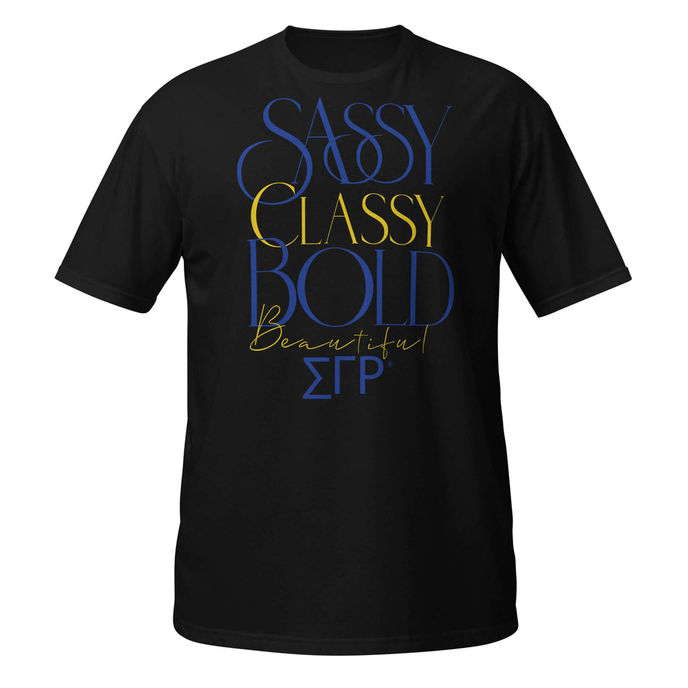 SGRho Classy Sassy T-Shirt in black with vibrant text design, perfect sorority paraphernalia for stylish Greek gear.