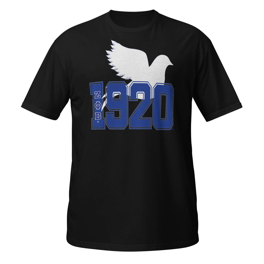 Zeta 1920 Dove T-Shirt featuring a dove graphic, ideal for sorority and fraternity paraphernalia and Greek gear.