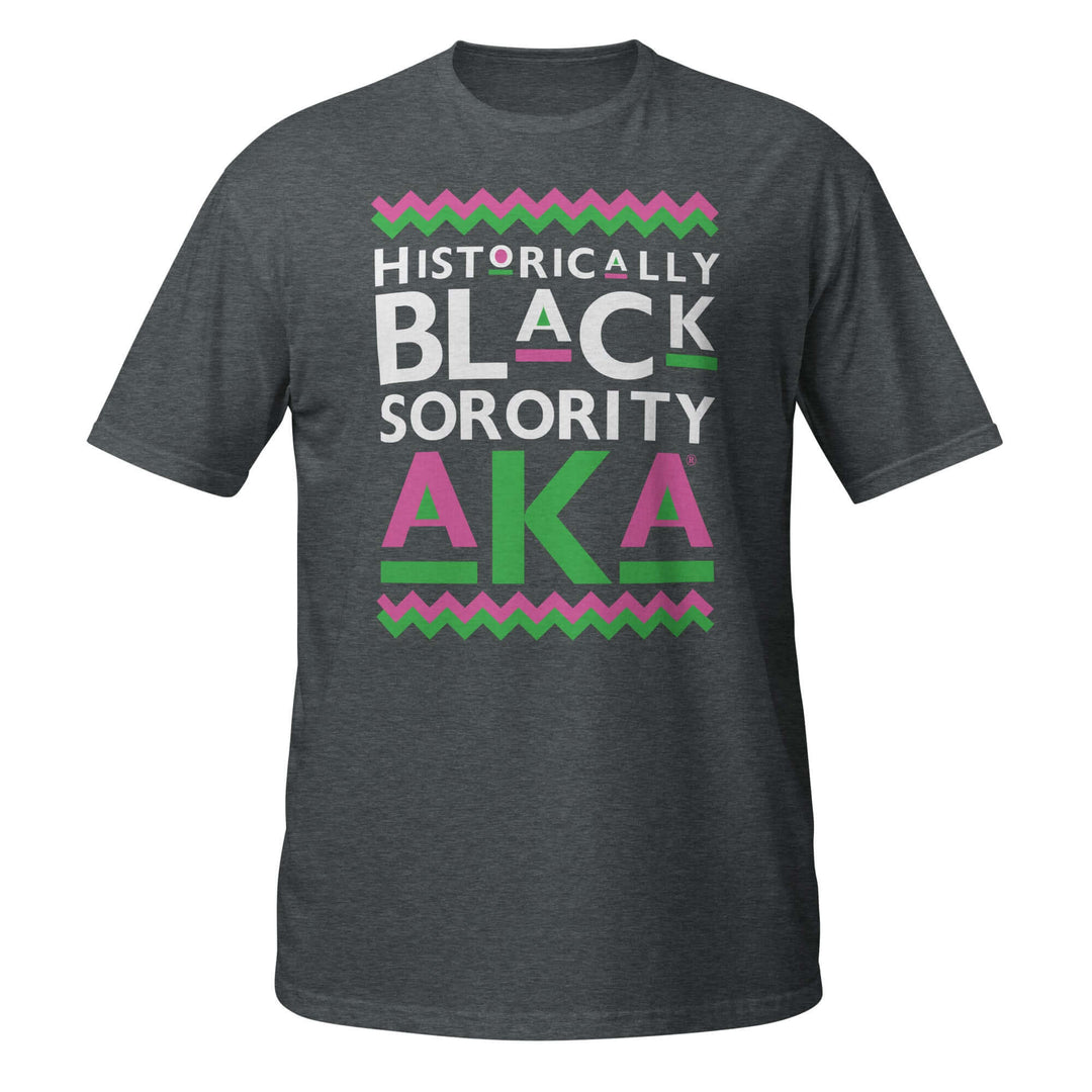 Soft dark heather t-shirt featuring "Historically Black Sorority AKA" design, perfect for greek gear and sorority paraphernalia.