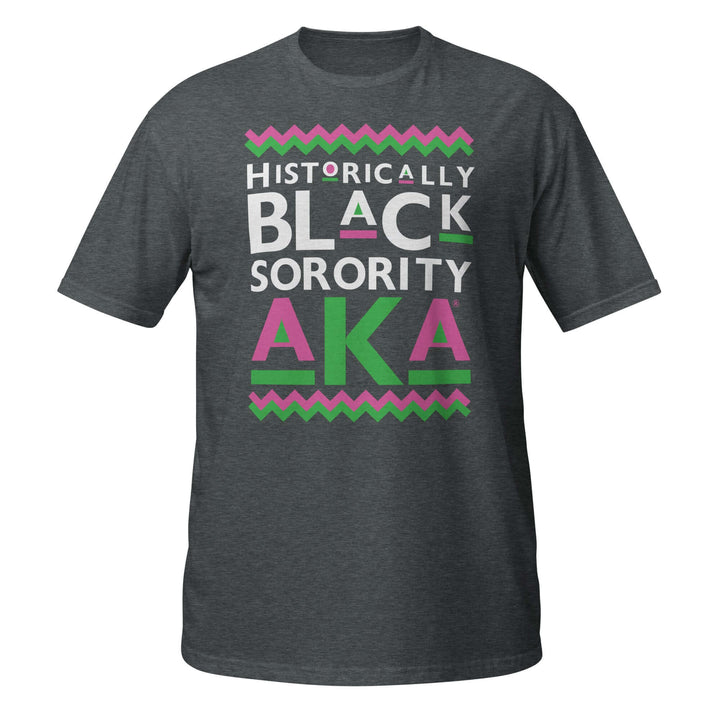 Soft dark heather t-shirt featuring "Historically Black Sorority AKA" design, perfect for greek gear and sorority paraphernalia.