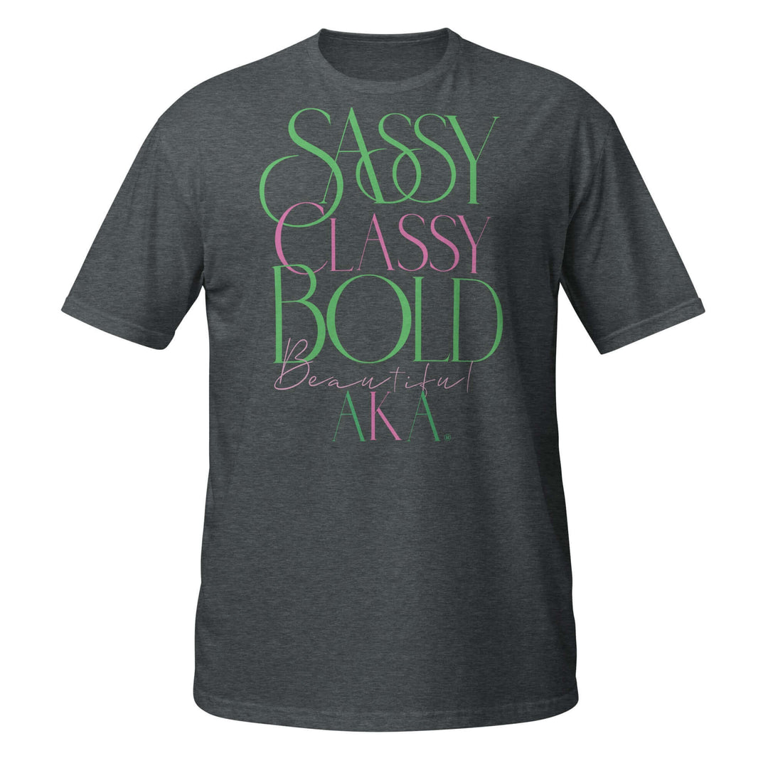 Stylish AKA Classy Sassy T-Shirt featuring vibrant text, perfect for sorority and fraternity Greek gear enthusiasts.