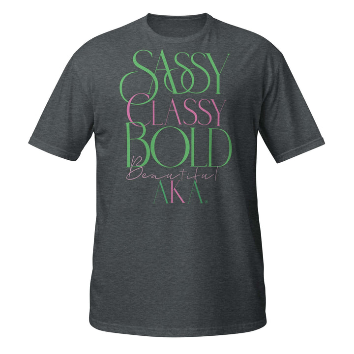 Stylish AKA Classy Sassy T-Shirt featuring vibrant text, perfect for sorority and fraternity Greek gear enthusiasts.