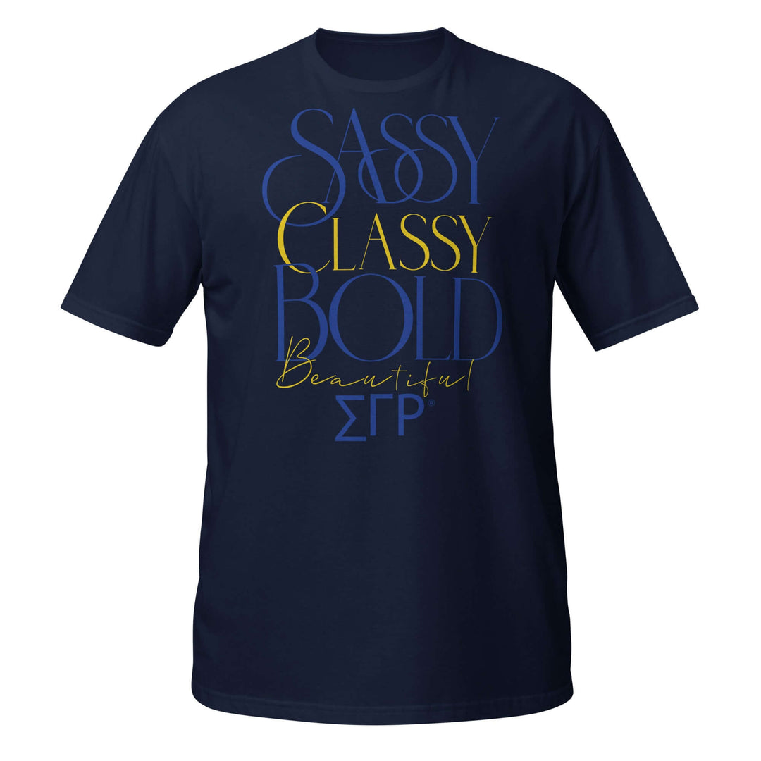 SGRho Classy Sassy t-shirt in navy blue showcasing bold sorority spirit, perfect for Greek gear and paraphernalia.