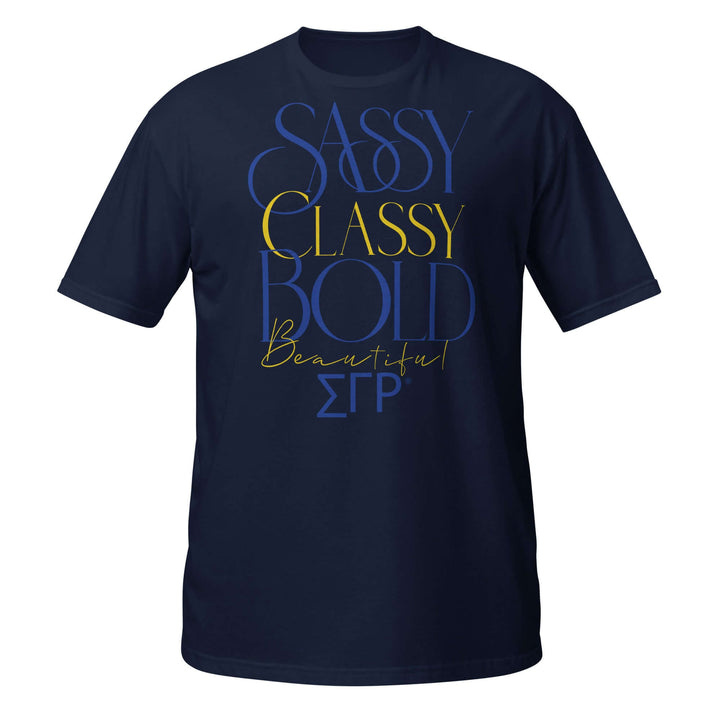 SGRho Classy Sassy t-shirt in navy blue showcasing bold sorority spirit, perfect for Greek gear and paraphernalia.