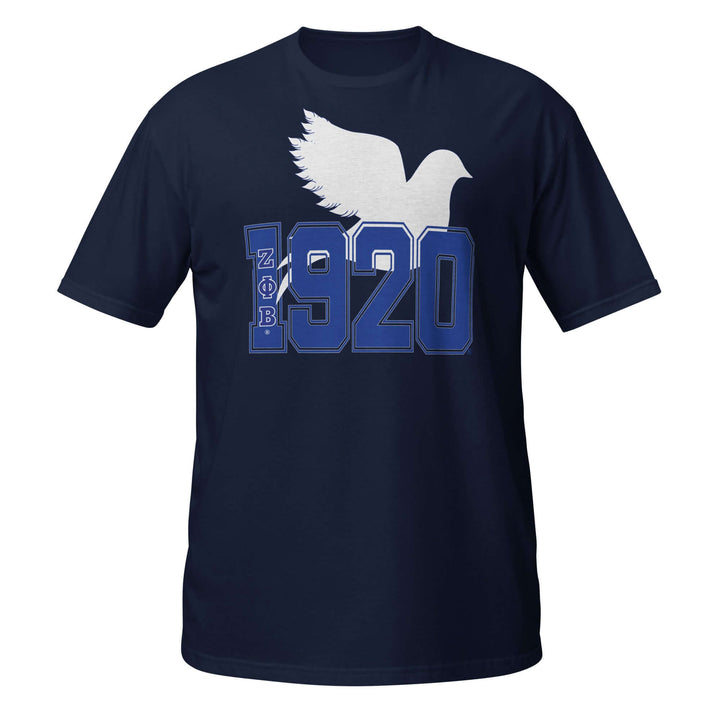 Zeta 1920 Dove T-Shirt in navy, featuring a dove design; perfect Greek gear for sorority and fraternity paraphernalia.