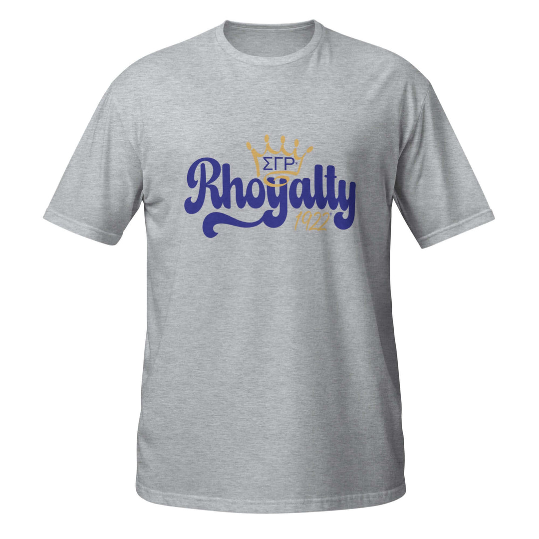 SGRho Rhoyalty T-Shirt in Sport Grey, featuring vibrant blue and gold lettering, a staple for Greek gear and sorority paraphernalia.