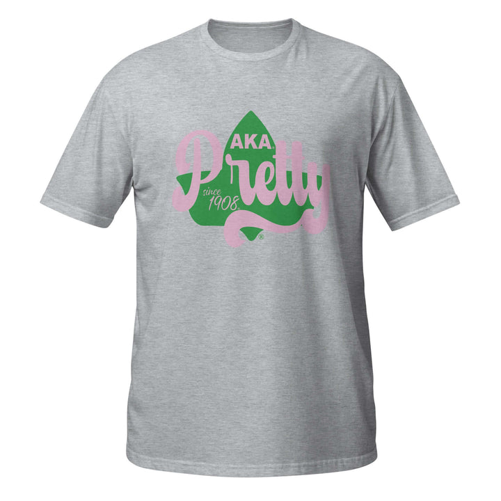 Soft grey AKA Pretty T-Shirt featuring a green and pink design, perfect for sorority and fraternity Greek gear.
