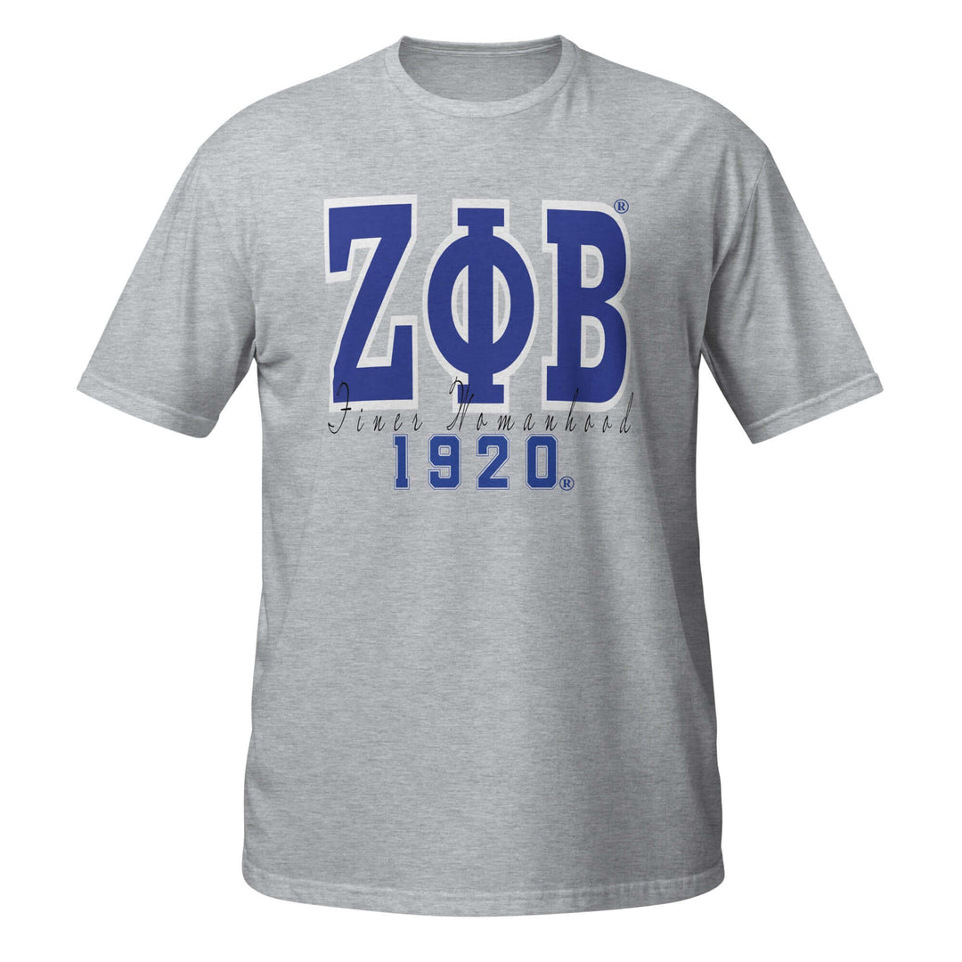 Zeta Finer Womanhood T-Shirt in Sport Grey featuring bold blue letters and 1920, perfect for sorority and fraternity paraphernalia.