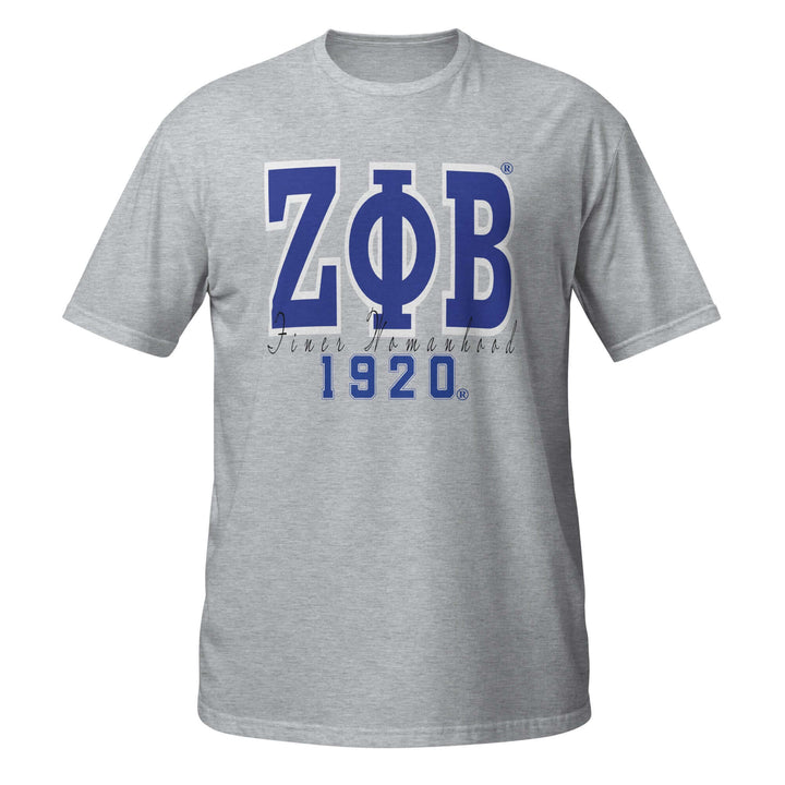 Zeta Finer Womanhood T-Shirt in Sport Grey featuring bold blue letters and 1920, perfect for sorority and fraternity paraphernalia.