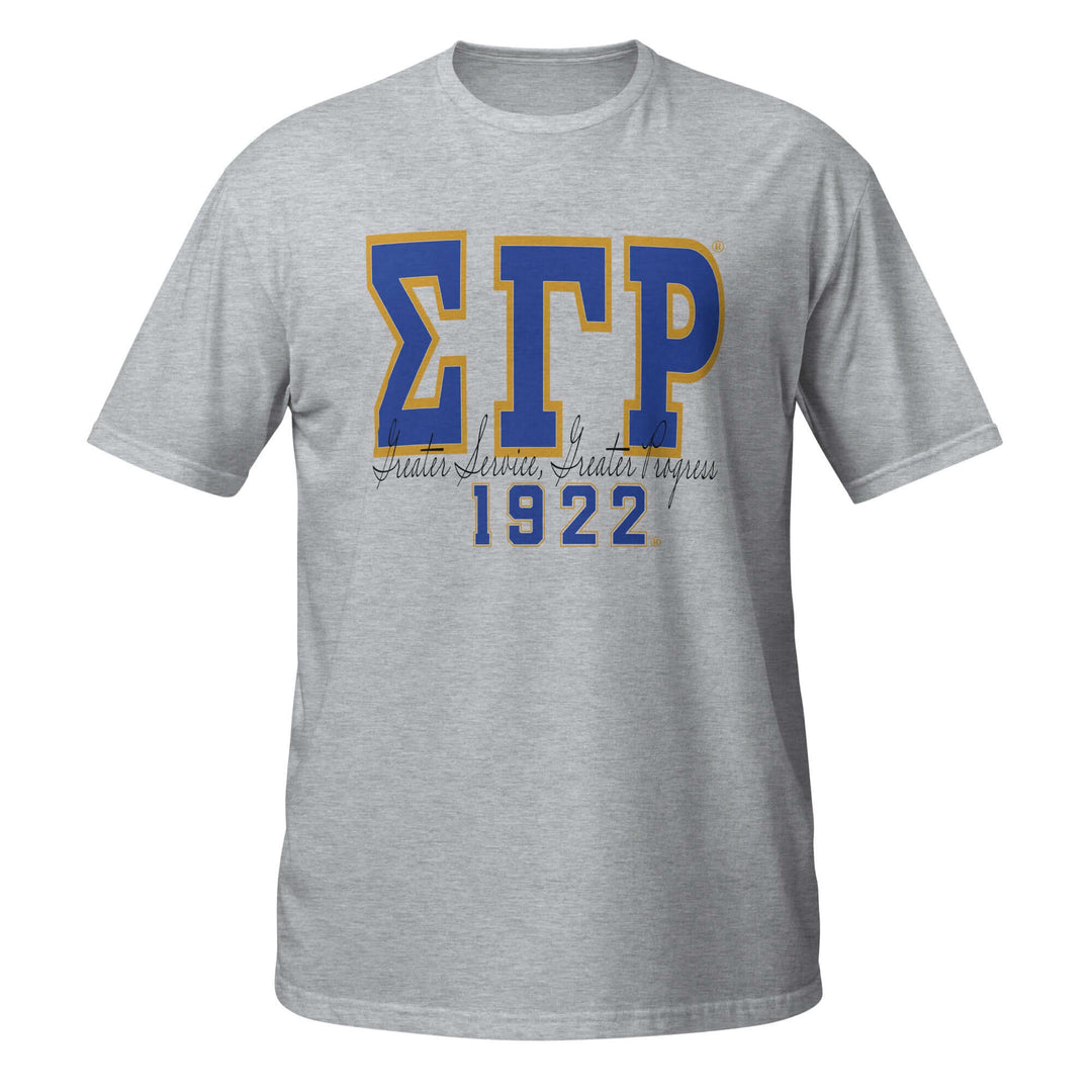 Soft sport grey t-shirt featuring SGRho logo and 1922, ideal for sorority pride and Greek gear enthusiasts.