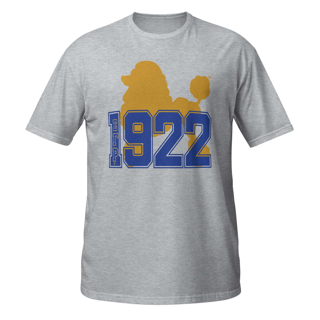 SGRho 1922 Poodle t-shirt in Sport Grey, soft cotton sorority paraphernalia, ideal for Greek gear enthusiasts.