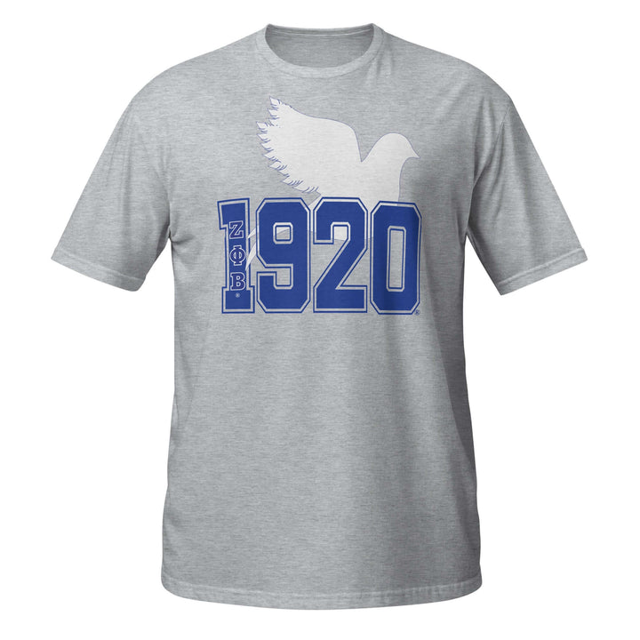 Zeta 1920 Dove T-Shirt in Sport Grey, 100% cotton, perfect for sorority and fraternity Greek gear fashion.