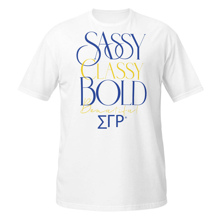 SGRho Classy Sassy T-Shirt featuring bold typography on a white background, perfect sorority paraphernalia for Greek life.
