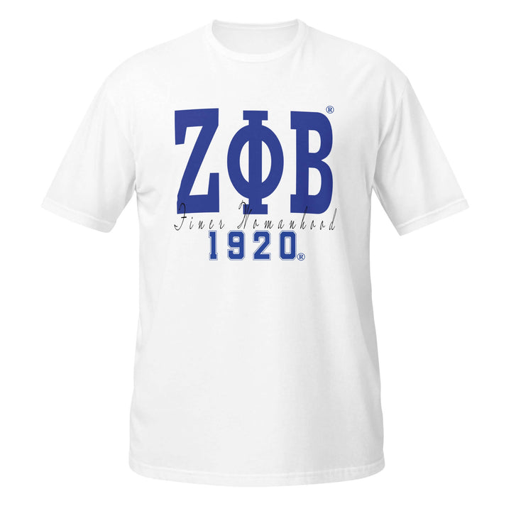 Zeta Finer Womanhood T-Shirt in white featuring bold blue letters, perfect for sorority and fraternity Greek gear.
