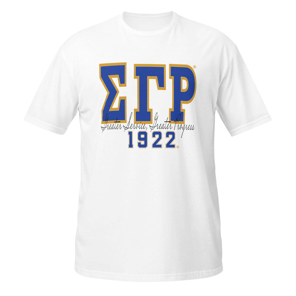 SGRho Greater Service t-shirt, soft cotton, Greek gear, sorority paraphernalia, classic white design, established 1922.