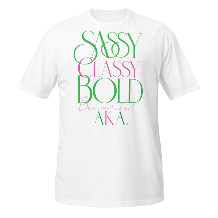 White AKA Classy Sassy T-Shirt, perfect for sorority and fraternity events, showcasing bold Greek gear style.