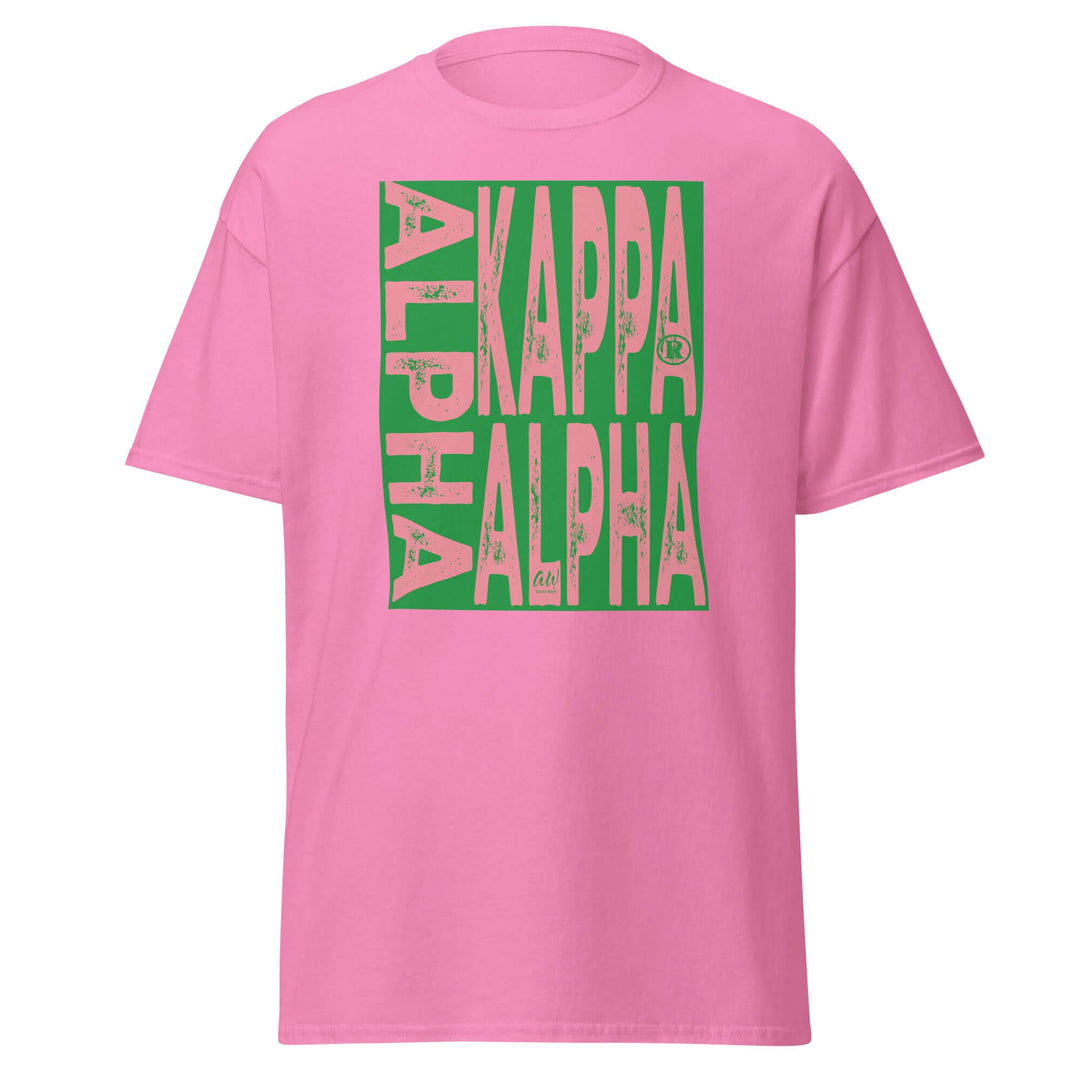 Pink Alpha Kappa Alpha Sorority T-Shirt featuring bold green lettering, perfect for Greek gear enthusiasts.