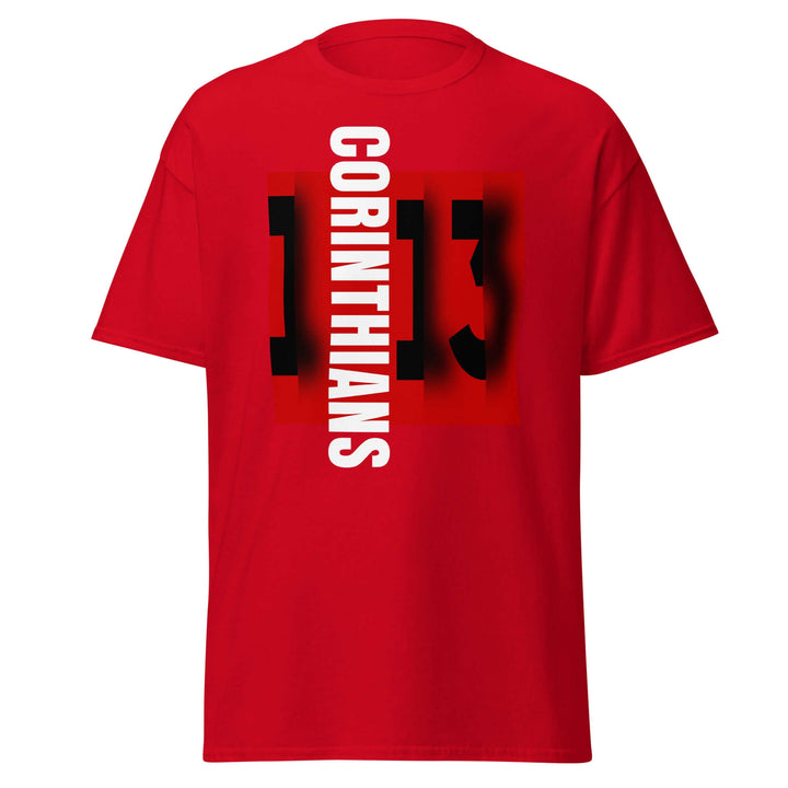 Trendy red 1 Corinthians 13 T-Shirt, perfect for sorority and fraternity greek gear. Stylish cotton fabric for comfort.