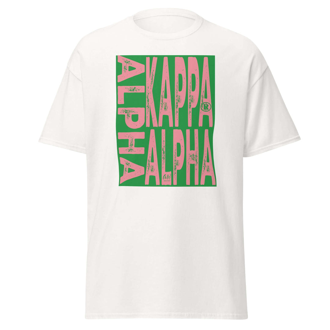 Alpha Kappa Alpha Sorority T-Shirt in white, featuring bold green and pink letters, perfect Greek gear for any sorority member.