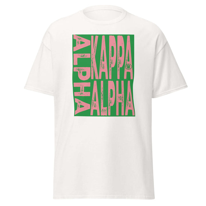Alpha Kappa Alpha Sorority T-Shirt in white, featuring bold green and pink letters, perfect Greek gear for any sorority member.
