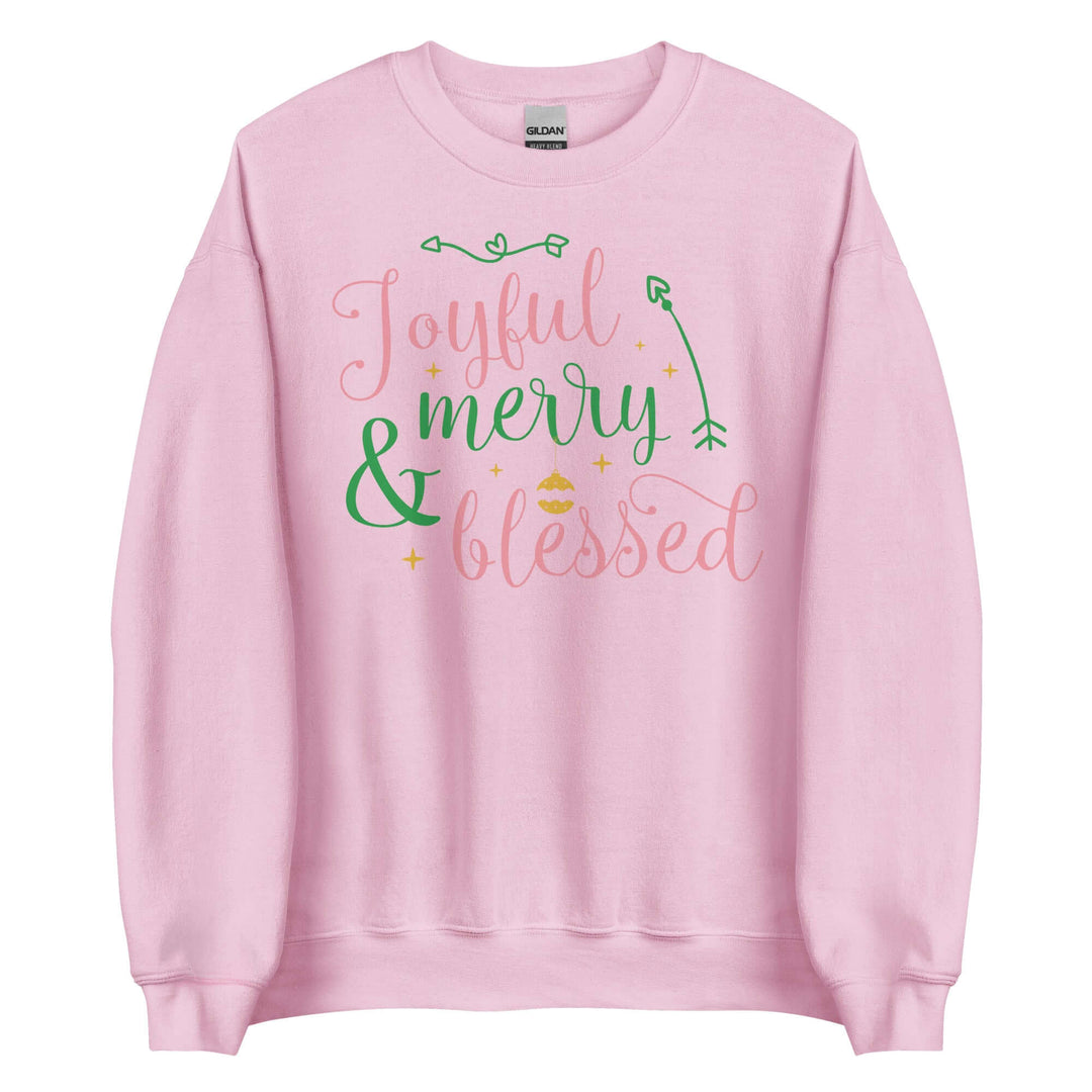 Pink and green joyful sweatshirt featuring festive design, perfect for sorority and fraternity Greek gear.
