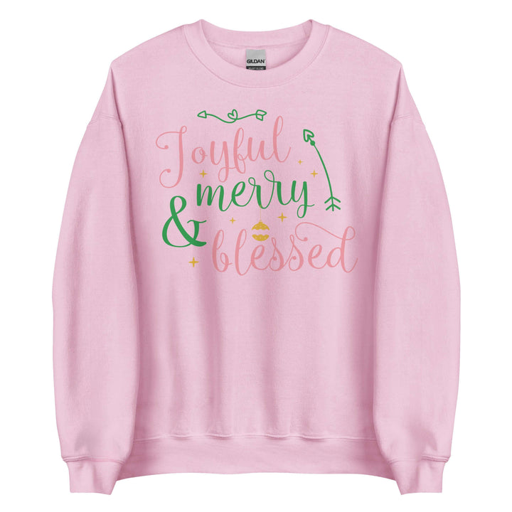 Pink and green joyful sweatshirt featuring festive design, perfect for sorority and fraternity Greek gear.