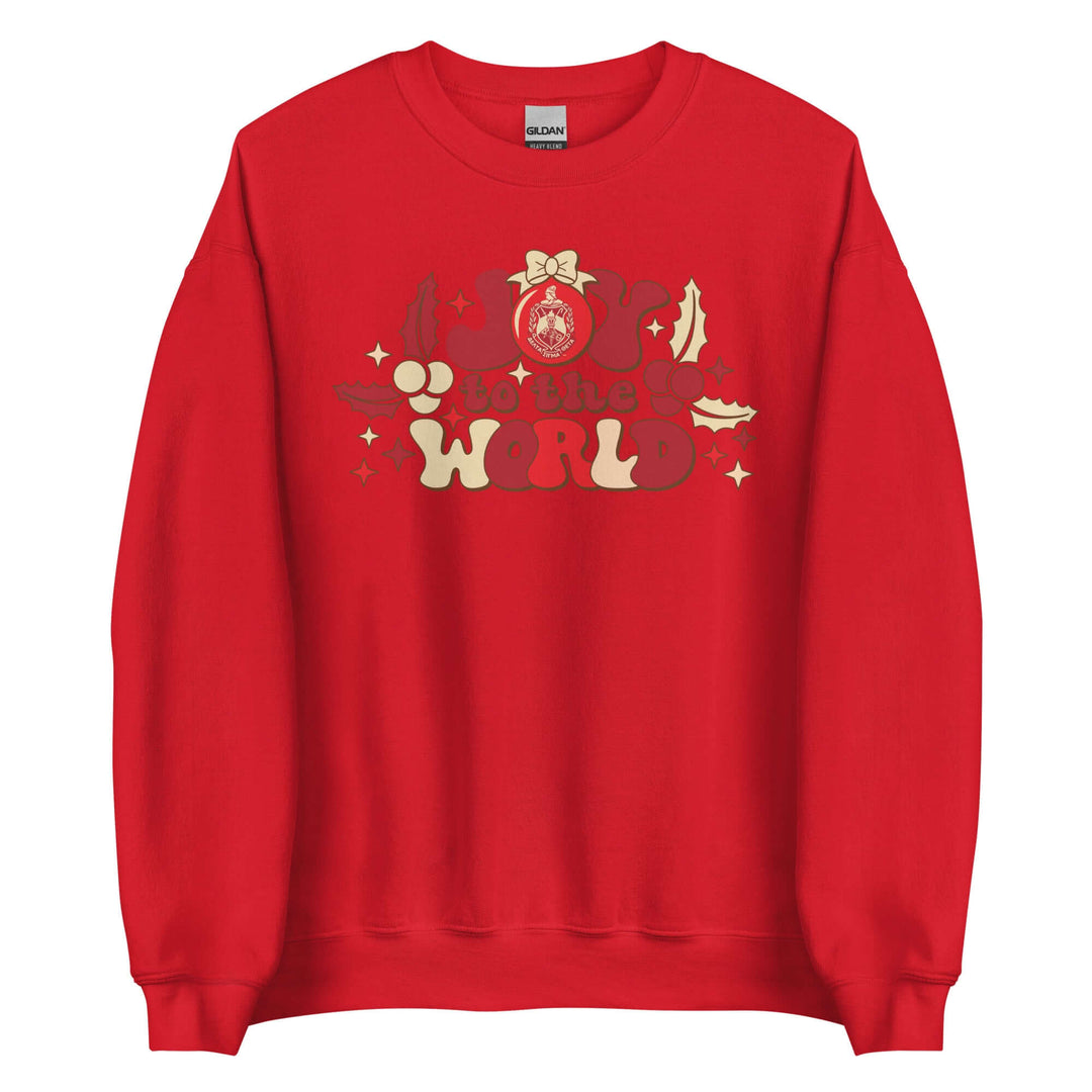 Delta Sigma Theta Joy to the World red sweatshirt, perfect Christmas sorority paraphernalia and Greek gear.
